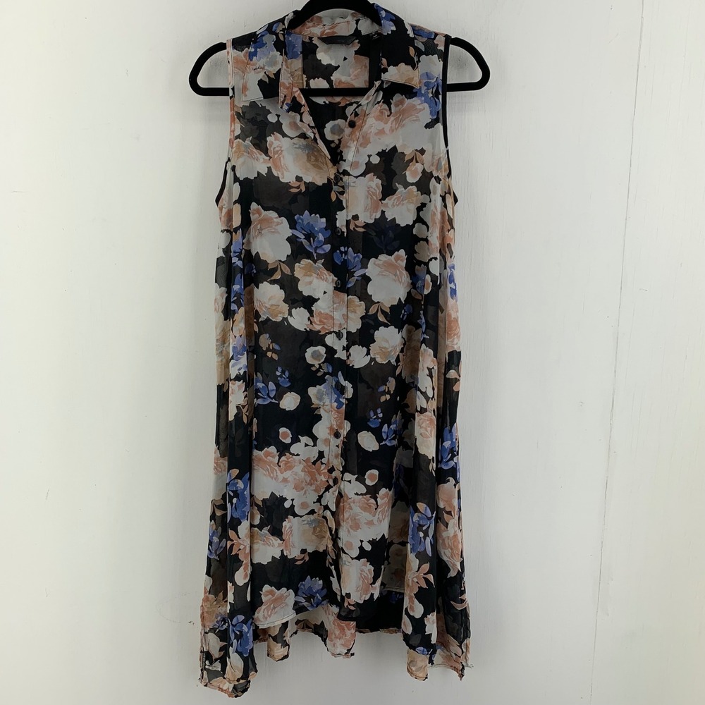 Mlle Gabrielle Floral Chiffon Sleeveless Button Dress Sheer Medium Flowy Boho
